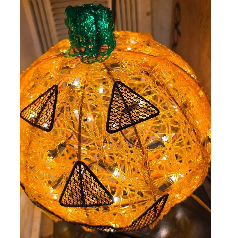 Halloween Lighted Jack O Lantern Spun String Spaghetti Pumpkin Vintage 12 inch